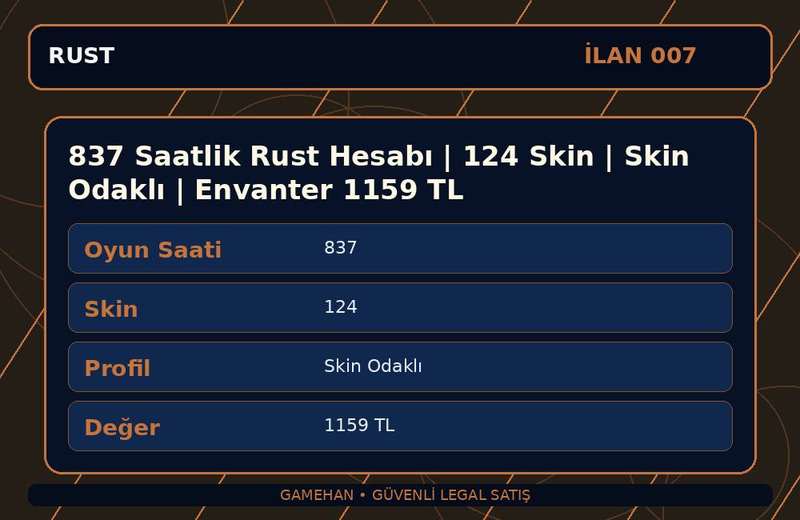 837 Saatlik Rust Hesabı | 124 Skin | Skin Odaklı | Envanter 1159 TL