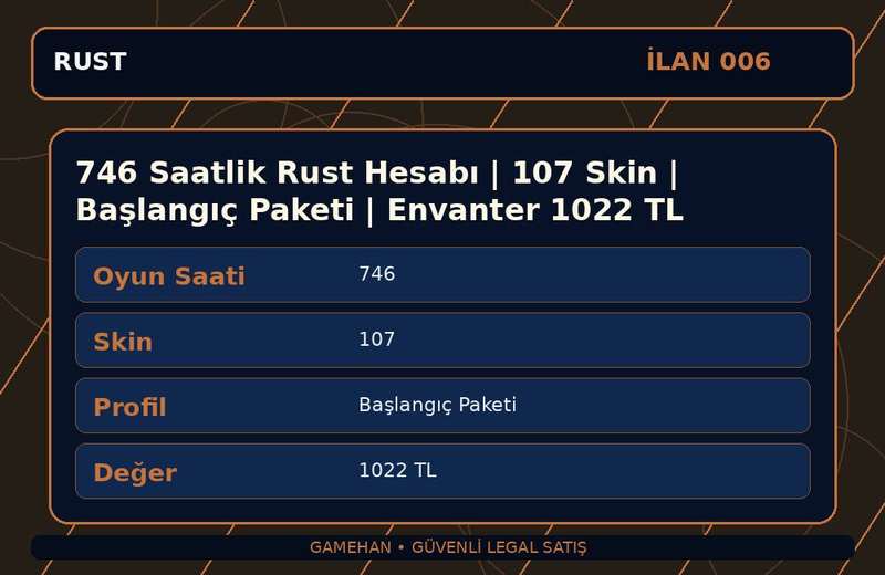 746 Saatlik Rust Hesabı | 107 Skin | Başlangıç Paketi | Envanter 1022 TL