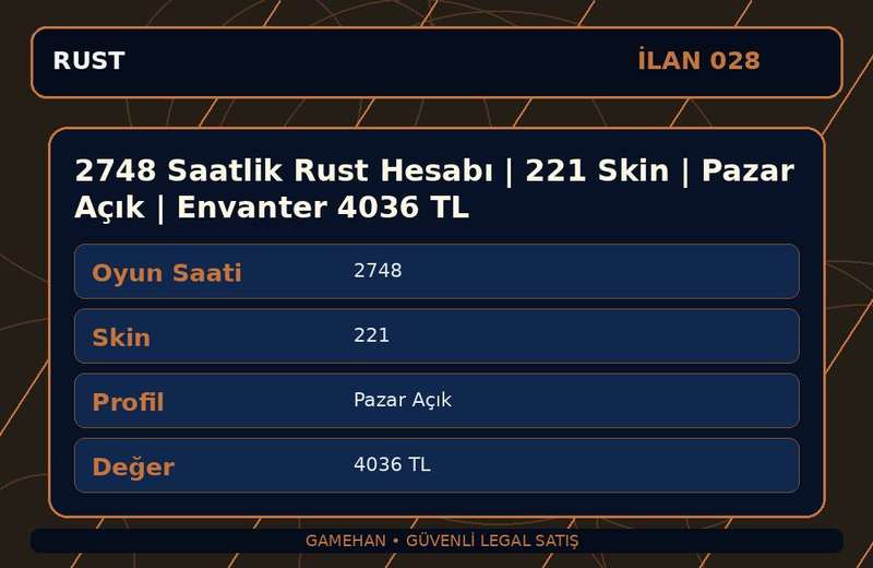 2748 Saatlik Rust Hesabı | 221 Skin | Pazar Açık | Envanter 4036 TL