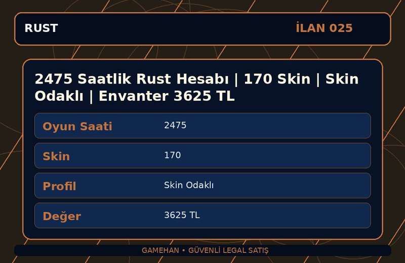 2475 Saatlik Rust Hesabı | 170 Skin | Skin Odaklı | Envanter 3625 TL
