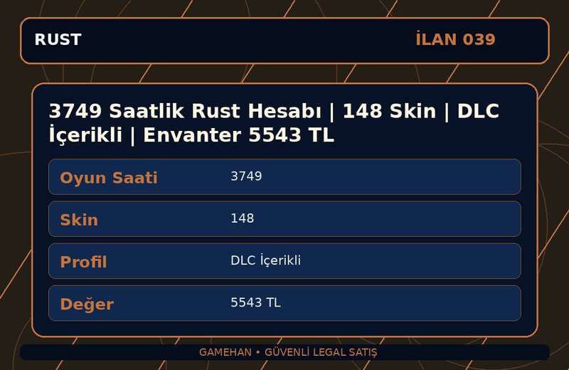 3749 Saatlik Rust Hesabı | 148 Skin | DLC İçerikli | Envanter 5543 TL