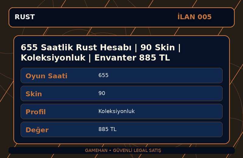 655 Saatlik Rust Hesabı | 90 Skin | Koleksiyonluk | Envanter 885 TL