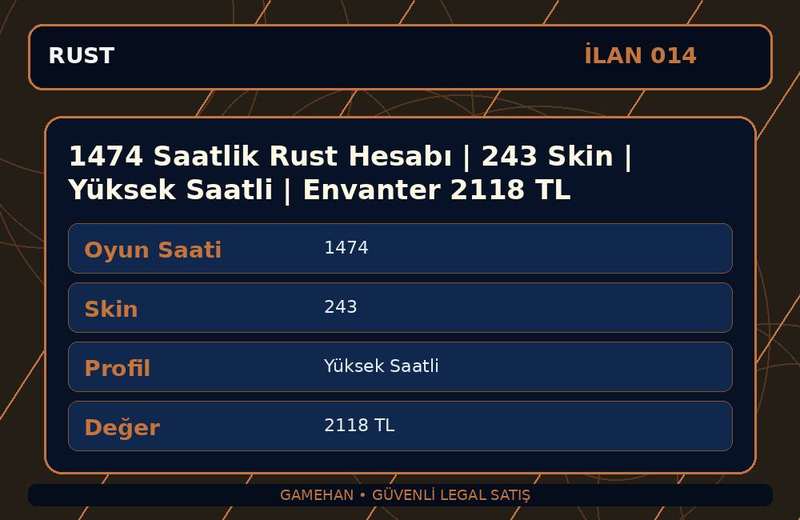 1474 Saatlik Rust Hesabı | 243 Skin | Yüksek Saatli | Envanter 2118 TL