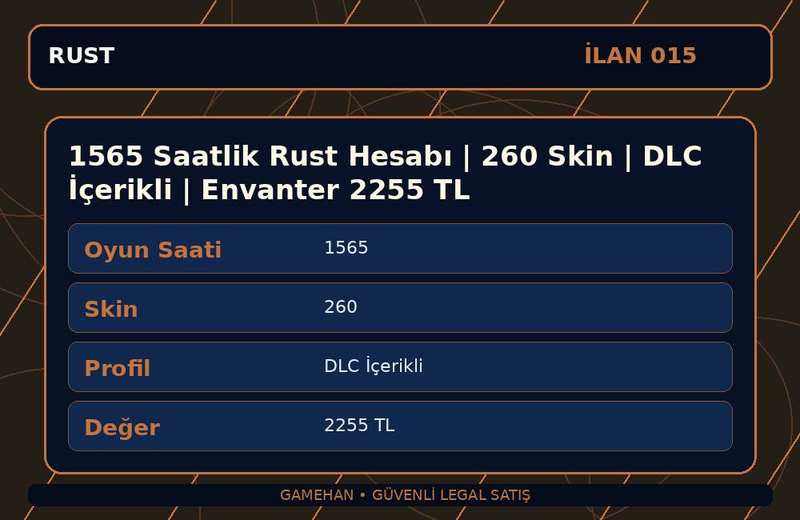 1565 Saatlik Rust Hesabı | 260 Skin | DLC İçerikli | Envanter 2255 TL