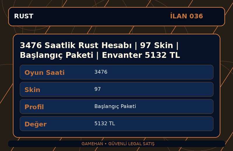 3476 Saatlik Rust Hesabı | 97 Skin | Başlangıç Paketi | Envanter 5132 TL