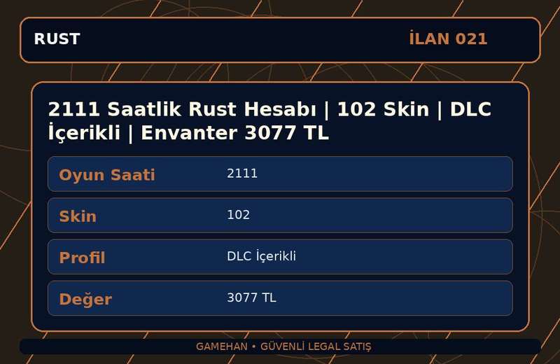 2111 Saatlik Rust Hesabı | 102 Skin | DLC İçerikli | Envanter 3077 TL