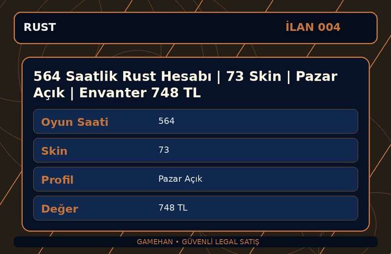 564 Saatlik Rust Hesabı | 73 Skin | Pazar Açık | Envanter 748 TL