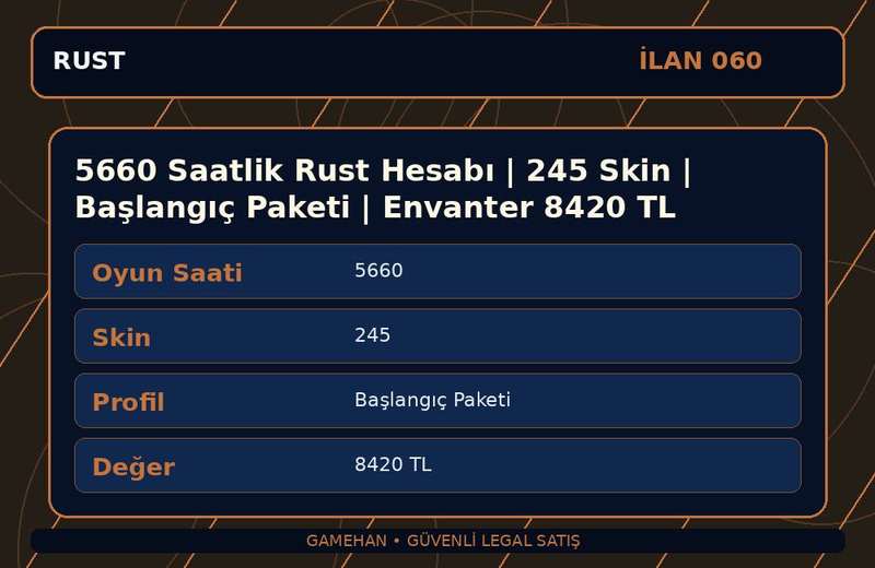 5660 Saatlik Rust Hesabı | 245 Skin | Başlangıç Paketi | Envanter 8420 TL