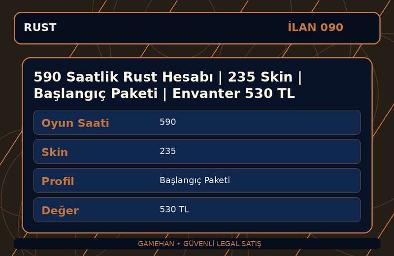 590 Saatlik Rust Hesabı | 235 Skin | Başlangıç Paketi | Envanter 530 TL
