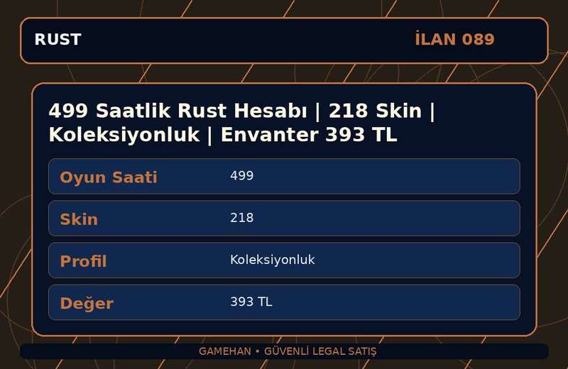 499 Saatlik Rust Hesabı | 218 Skin | Koleksiyonluk | Envanter 393 TL