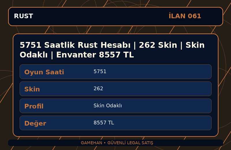 5751 Saatlik Rust Hesabı | 262 Skin | Skin Odaklı | Envanter 8557 TL