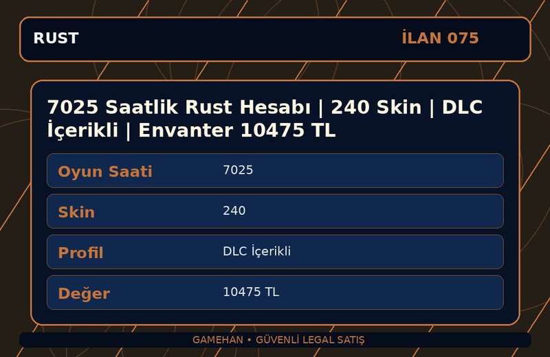 7025 Saatlik Rust Hesabı | 240 Skin | DLC İçerikli | Envanter 10475 TL
