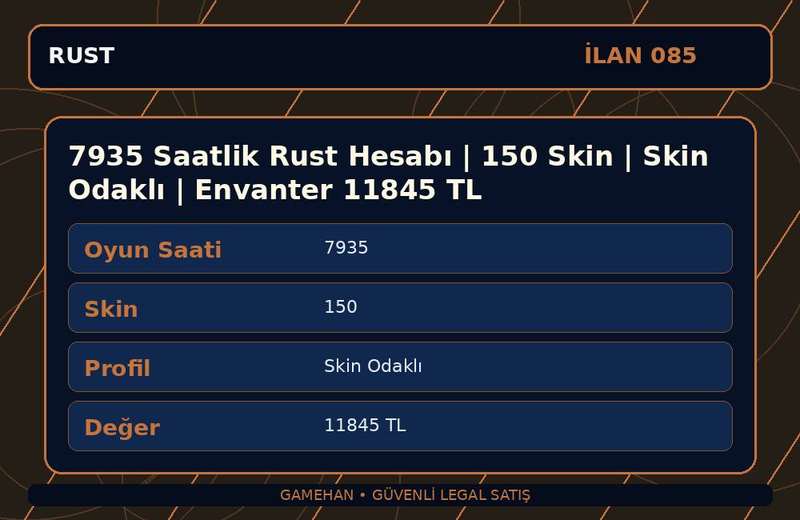 7935 Saatlik Rust Hesabı | 150 Skin | Skin Odaklı | Envanter 11845 TL