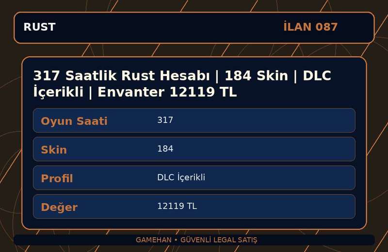 317 Saatlik Rust Hesabı | 184 Skin | DLC İçerikli | Envanter 12119 TL