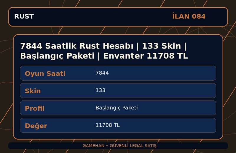 7844 Saatlik Rust Hesabı | 133 Skin | Başlangıç Paketi | Envanter 11708 TL