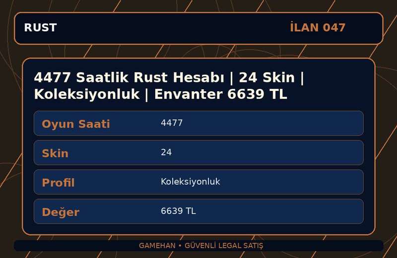 4477 Saatlik Rust Hesabı | 24 Skin | Koleksiyonluk | Envanter 6639 TL