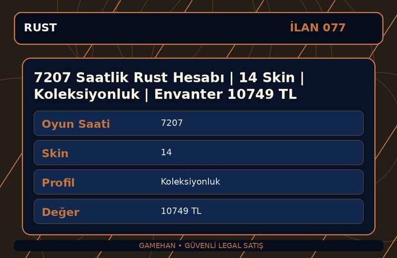 7207 Saatlik Rust Hesabı | 14 Skin | Koleksiyonluk | Envanter 10749 TL