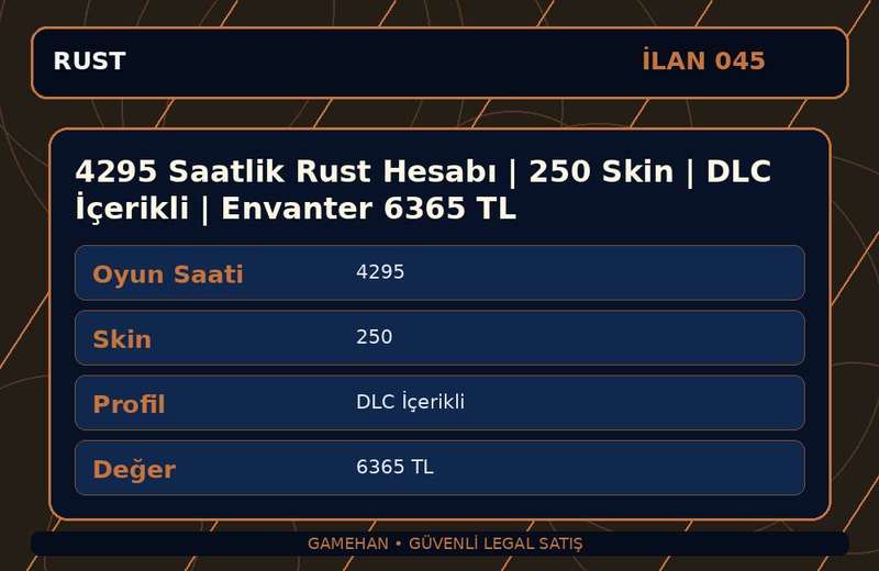 4295 Saatlik Rust Hesabı | 250 Skin | DLC İçerikli | Envanter 6365 TL