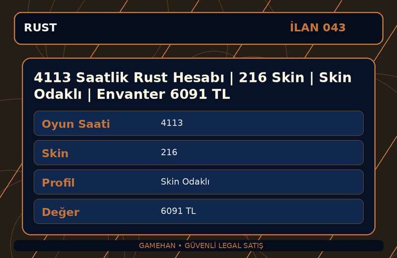 4113 Saatlik Rust Hesabı | 216 Skin | Skin Odaklı | Envanter 6091 TL
