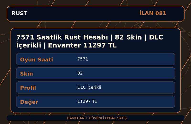 7571 Saatlik Rust Hesabı | 82 Skin | DLC İçerikli | Envanter 11297 TL