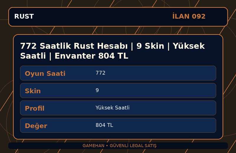 772 Saatlik Rust Hesabı | 9 Skin | Yüksek Saatli | Envanter 804 TL