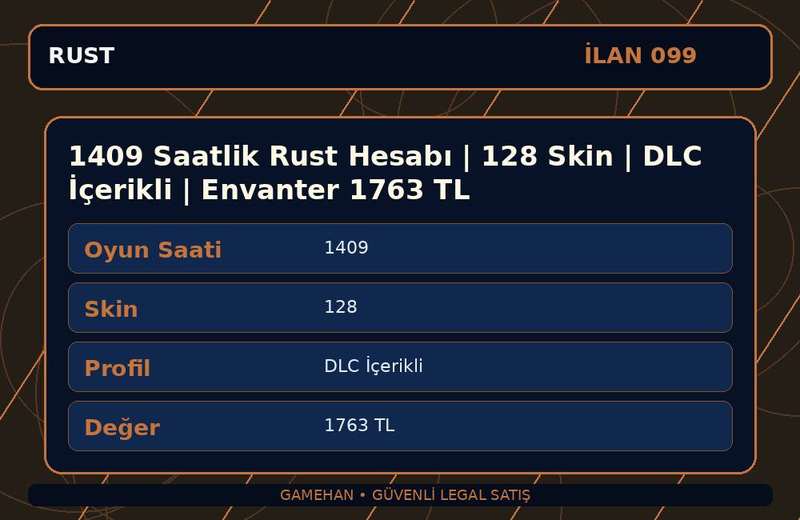 1409 Saatlik Rust Hesabı | 128 Skin | DLC İçerikli | Envanter 1763 TL