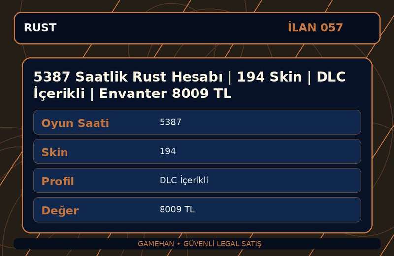 5387 Saatlik Rust Hesabı | 194 Skin | DLC İçerikli | Envanter 8009 TL