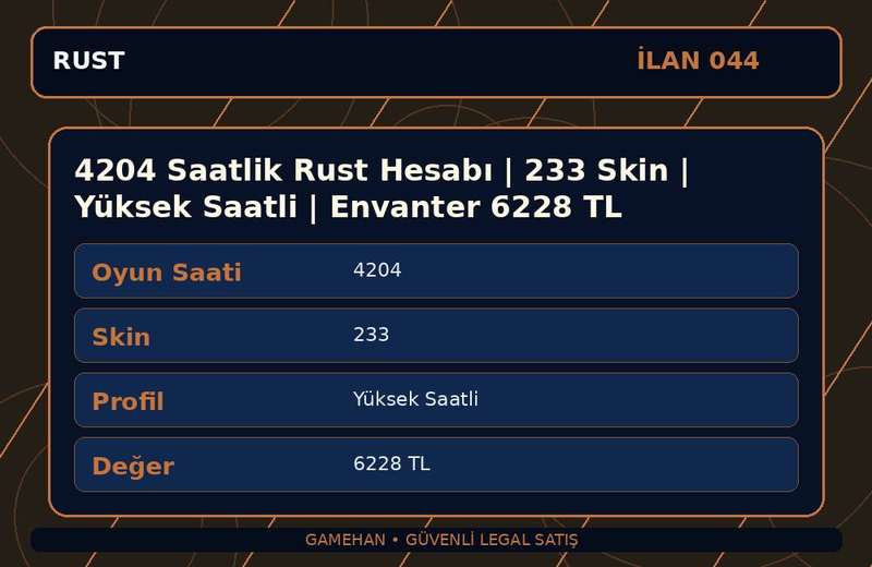 4204 Saatlik Rust Hesabı | 233 Skin | Yüksek Saatli | Envanter 6228 TL