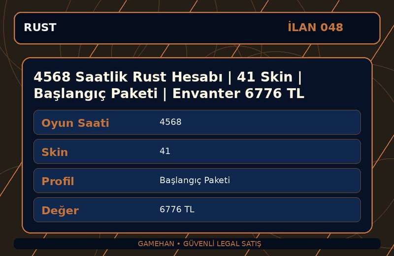 4568 Saatlik Rust Hesabı | 41 Skin | Başlangıç Paketi | Envanter 6776 TL