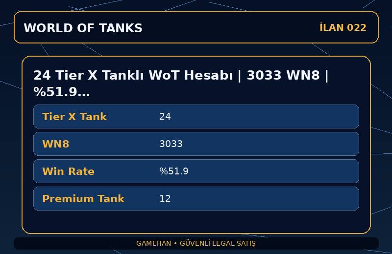 24 Tier X Tanklı WoT Hesabı | 3033 WN8 | %51.9 Win Rate | NA