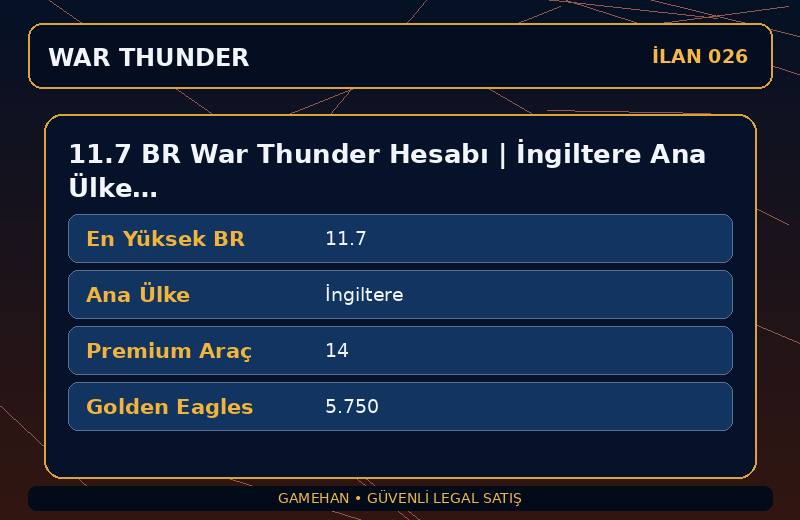 11.7 BR War Thunder Hesabı | İngiltere Ana Ülke | 14 Premium Araç | ASIA