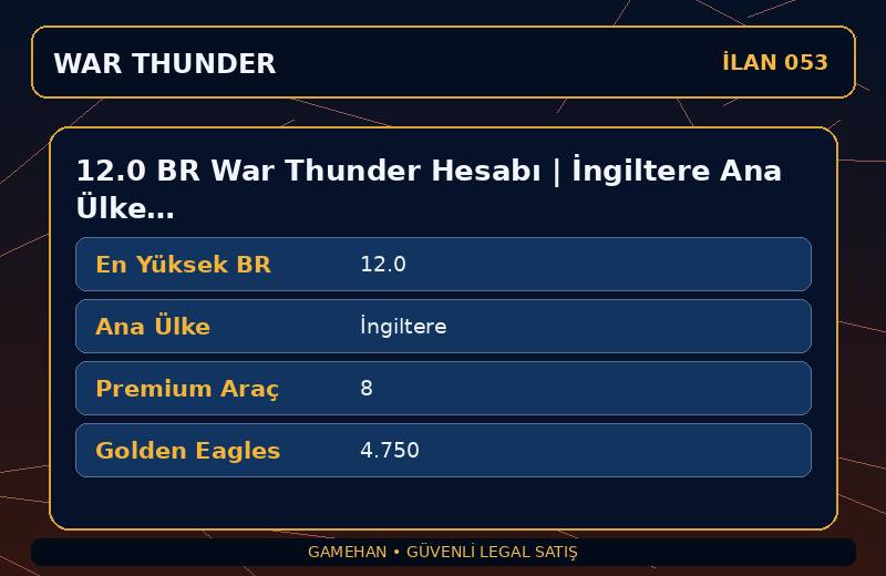 12.0 BR War Thunder Hesabı | İngiltere Ana Ülke | 8 Premium Araç | CIS