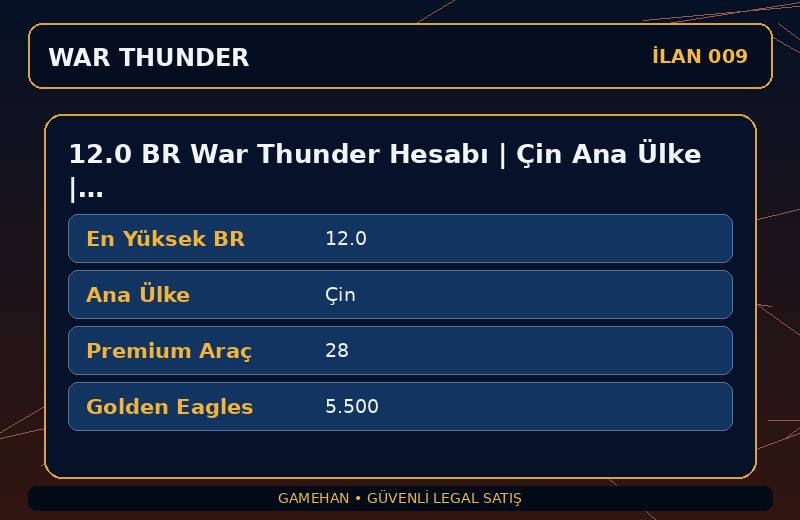 12.0 BR War Thunder Hesabı | Çin Ana Ülke | 28 Premium Araç | NA