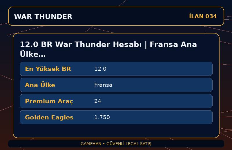 12.0 BR War Thunder Hesabı | Fransa Ana Ülke | 24 Premium Araç | CIS