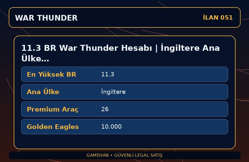11.3 BR War Thunder Hesabı | İngiltere Ana Ülke | 26 Premium Araç | EU