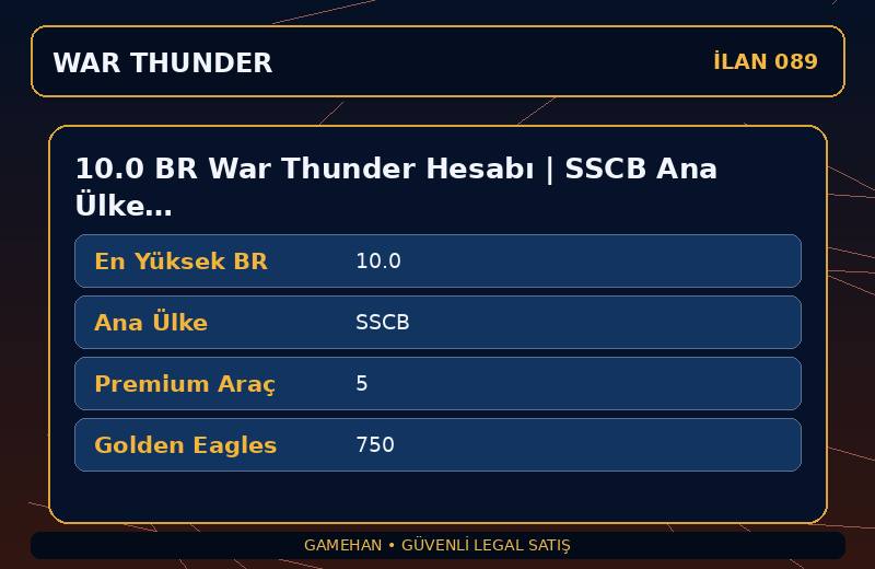 10.0 BR War Thunder Hesabı | SSCB Ana Ülke | 5 Premium Araç | EU