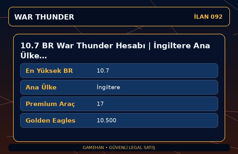 10.7 BR War Thunder Hesabı | İngiltere Ana Ülke | 17 Premium Araç | EU