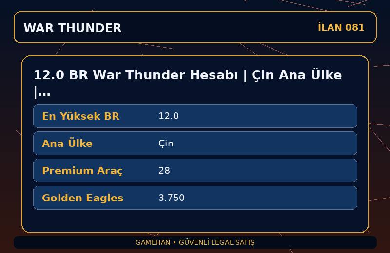 12.0 BR War Thunder Hesabı | Çin Ana Ülke | 28 Premium Araç | ASIA