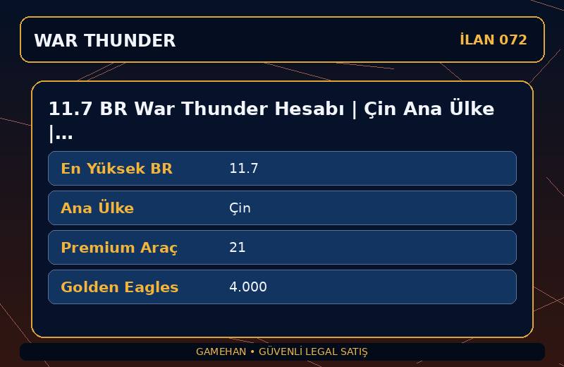 11.7 BR War Thunder Hesabı | Çin Ana Ülke | 21 Premium Araç | EU