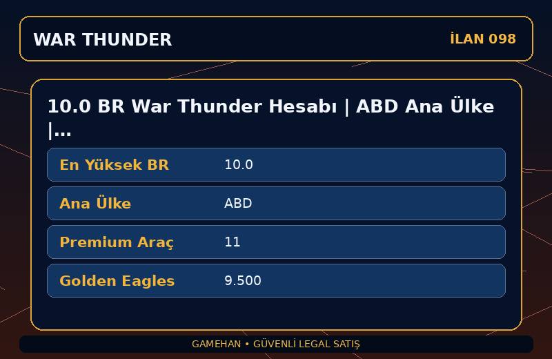 10.0 BR War Thunder Hesabı | ABD Ana Ülke | 11 Premium Araç | NA | 30 dk Teslim