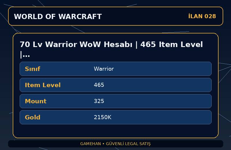 70 Lv Warrior WoW Hesabı | 465 Item Level | 325 Mount | Stormscale