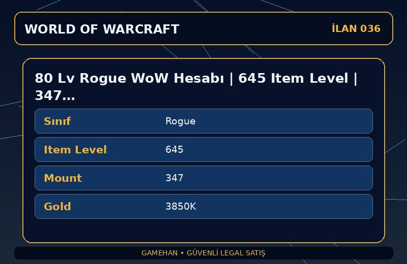80 Lv Rogue WoW Hesabı | 645 Item Level | 347 Mount | Kazzak