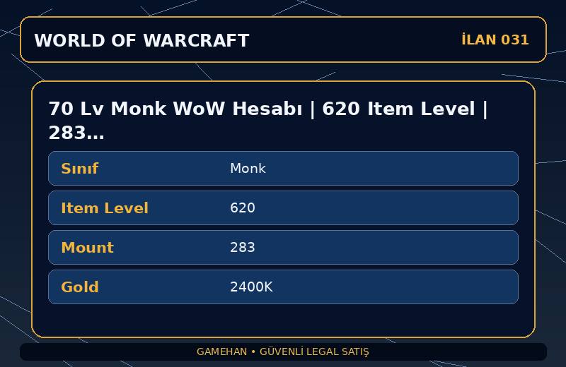 70 Lv Monk WoW Hesabı | 620 Item Level | 283 Mount | Ravencrest