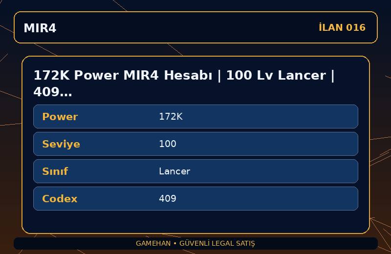 172K Power MIR4 Hesabı | 100 Lv Lancer | 409 Codex | ASIA 2