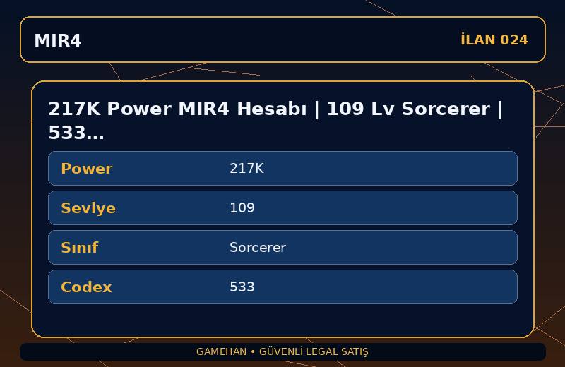 217K Power MIR4 Hesabı | 109 Lv Sorcerer | 533 Codex | EU 2