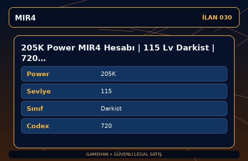 205K Power MIR4 Hesabı | 115 Lv Darkist | 720 Codex | EU 2