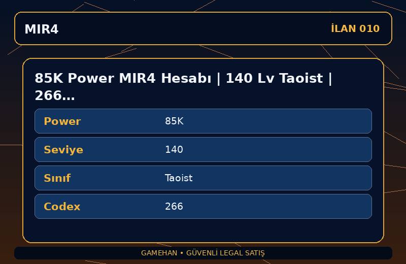 85K Power MIR4 Hesabı | 140 Lv Taoist | 266 Codex | EU 2