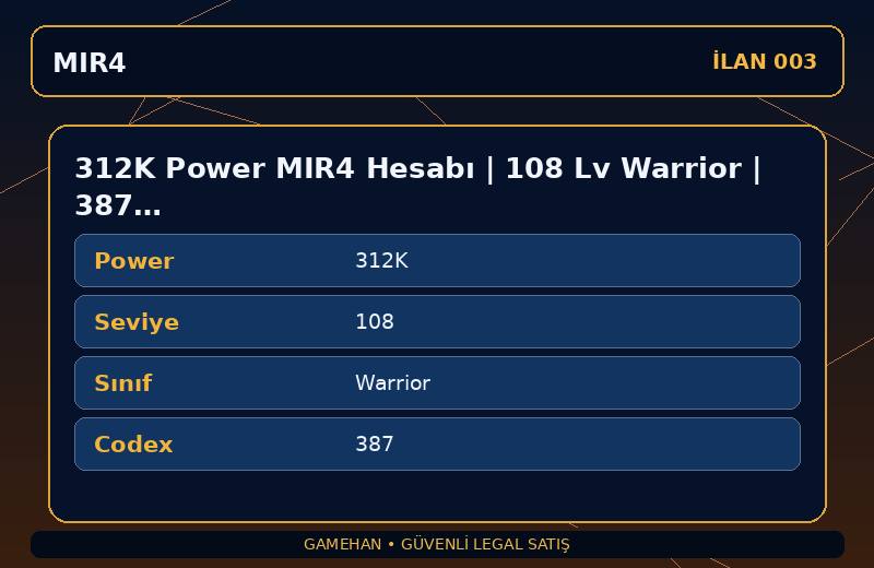 312K Power MIR4 Hesabı | 108 Lv Warrior | 387 Codex | ASIA 1
