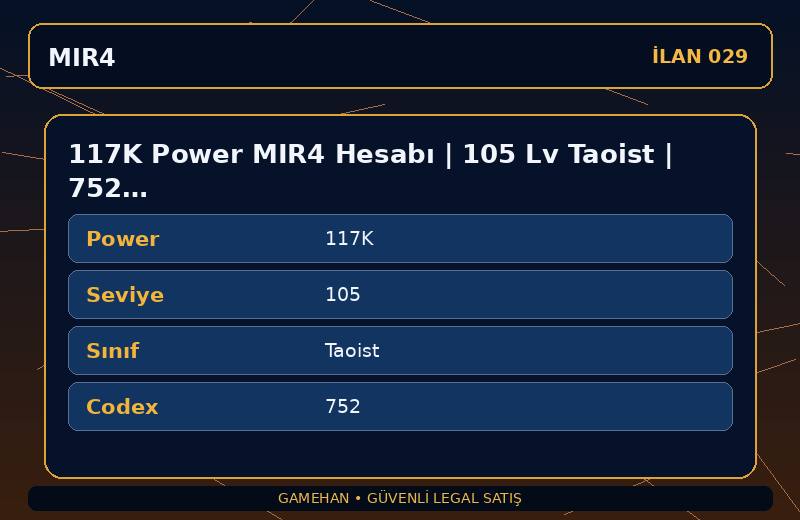 117K Power MIR4 Hesabı | 105 Lv Taoist | 752 Codex | EU 2