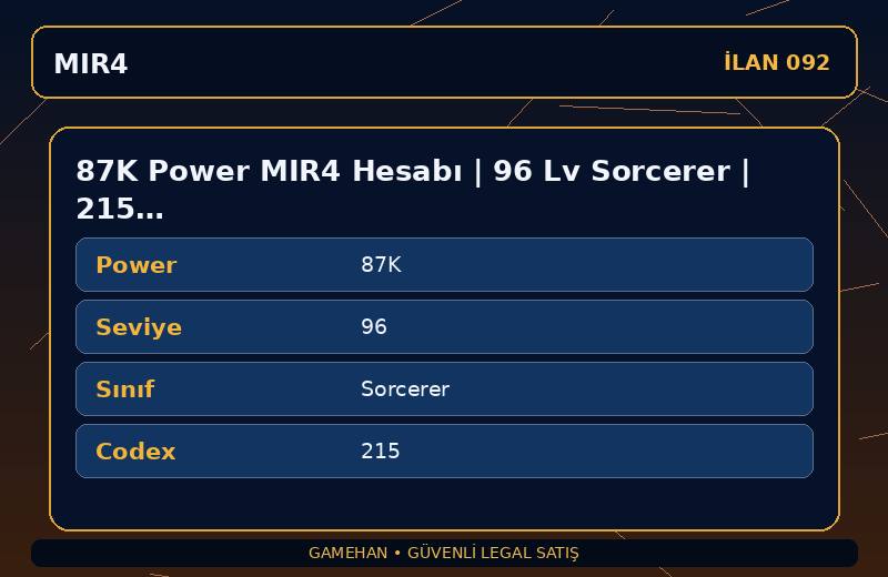 87K Power MIR4 Hesabı | 96 Lv Sorcerer | 215 Codex | NA 1